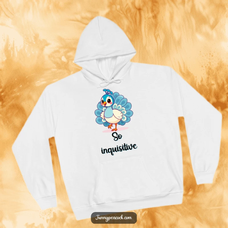 Funny Kawaii Peacock Hoodie: A cheerful peacock with a curious tilt, caught mid-strut.