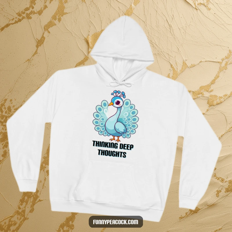Funny graceful peacock character hoodie, doing a gentle head tilt, cozy and elegant, ideal for a funny gift.