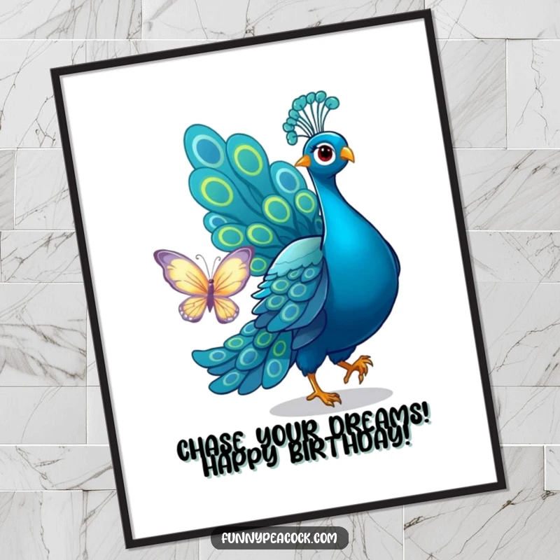 Funny Free Printable Wall Art: A peacock playfully chasing a shimmering butterfly with its tail. Unique decor.
