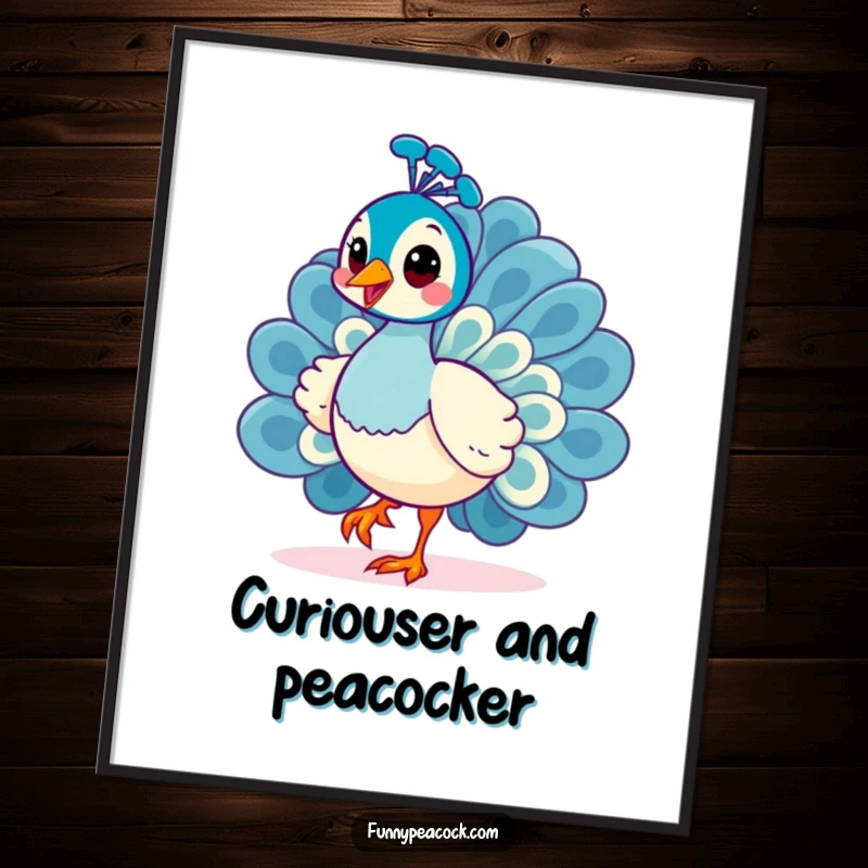 Funny Free Printable Wall Art: A kawaii peacock does a cheerful strut with a curious tilt, bringing playful vibes to decor.