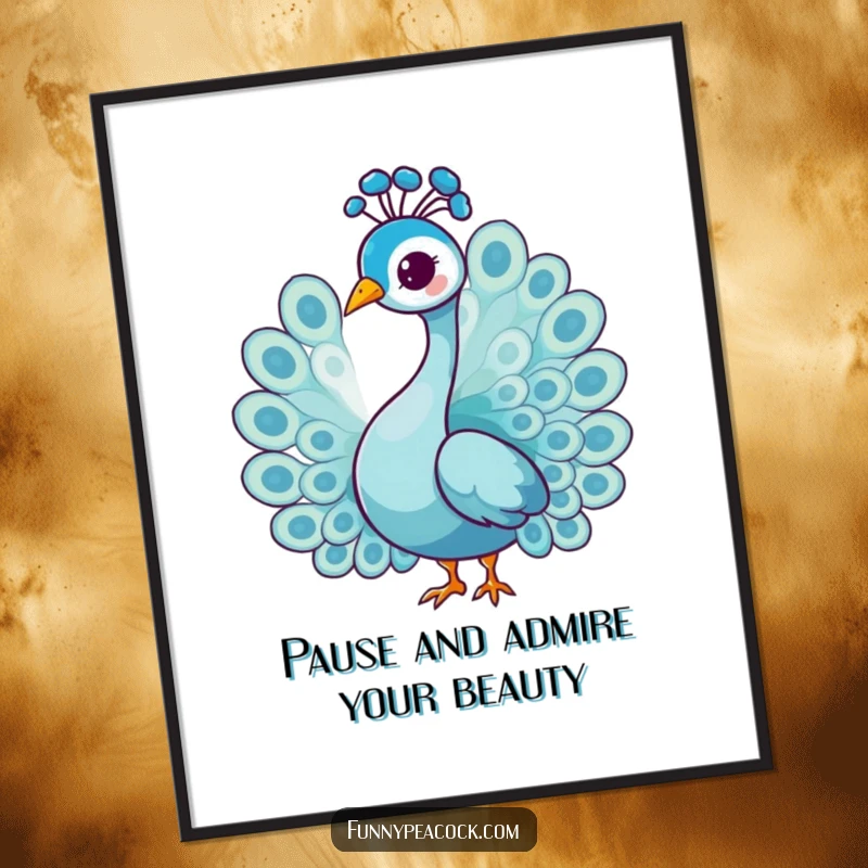 Funny Free Printable Wall Art: A graceful peacock character depicted doing a gentle, charming head tilt. Downloadable art.