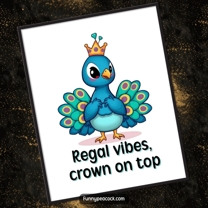 Funny Free Printable Wall Art: A peacock adorned with a tiny crown poses with regal confidence, adding humor.