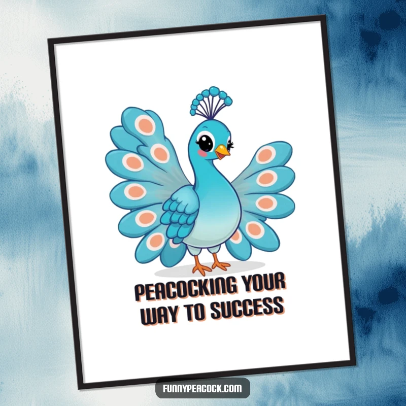 Funny Free Printable Wall Art: A kawaii peacock proudly fans its tail feathers with a knowing smirk, adding personality to decor.