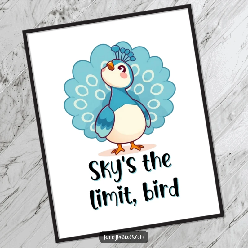 Funny Free Printable Wall Art: A kawaii peacock looks up at the sky with awe, evoking wonder and peaceful contemplation.