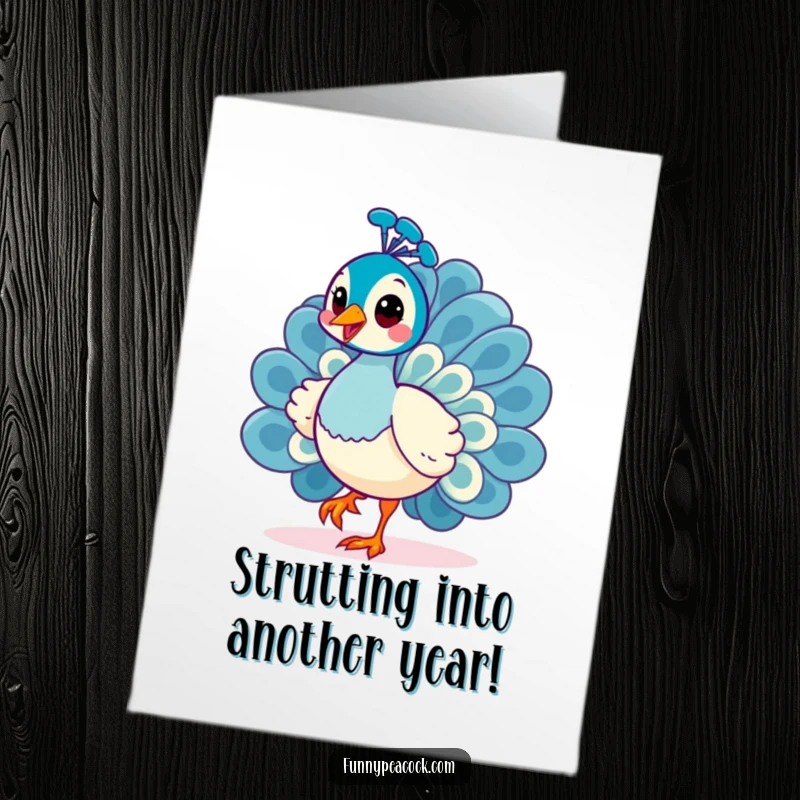 Funny Free Printable Birthday Card: A kawaii peacock does a cheerful strut with a curious head tilt, ready to celebrate happily.