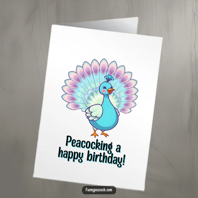 Funny Free Printable Birthday Card: Kawaii peacock spreading iridescent tail feathers joyfully. Instant download for DIY.