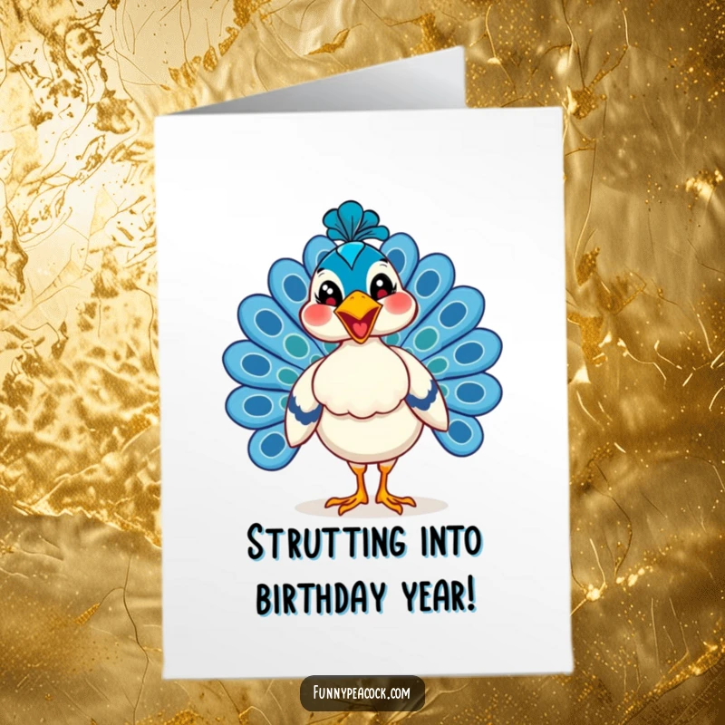 Funny Free Printable Birthday Card: A proud peacock with a wide, happy grin is strutting. Instant download.