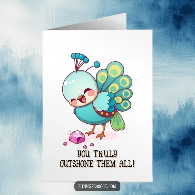 Funny Free Printable Congrats Card: A delighted peacock pecking at a shiny jewel, celebrating a grand achievement.