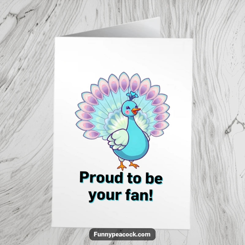 Funny Free Printable Congrats Card: A kawaii peacock joyfully spreading its iridescent tail feathers. Easy to print.