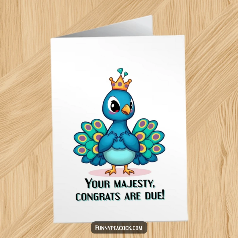 Funny Free Printable Congrats Card: A peacock adorned with a small crown strikes a regal pose, celebrating success.
