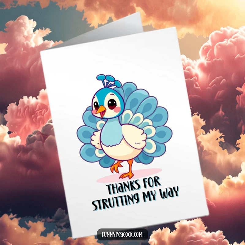 Funny Free Printable Thank You Card: A kawaii peacock struts cheerfully with a curious head tilt, expressing gratitude with a smile.