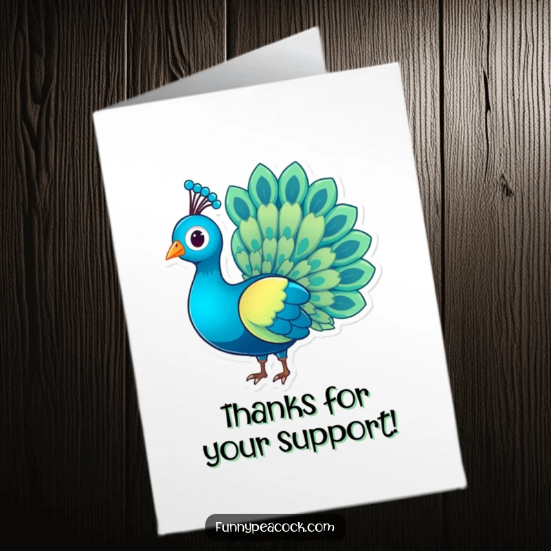 Funny Free Printable Thank You Card: A peacock with spectacular rainbow tail feathers. A downloadable gift for gratitude.