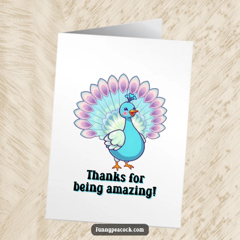Funny Free Printable Thank You Card: Kawaii peacock joyfully spreading iridescent tail feathers. DIY printable.