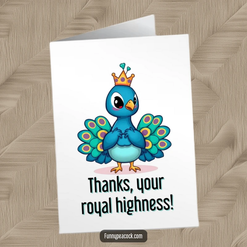 Funny Free Printable Thank You Card: A peacock wearing a tiny crown poses majestically, offering thanks.