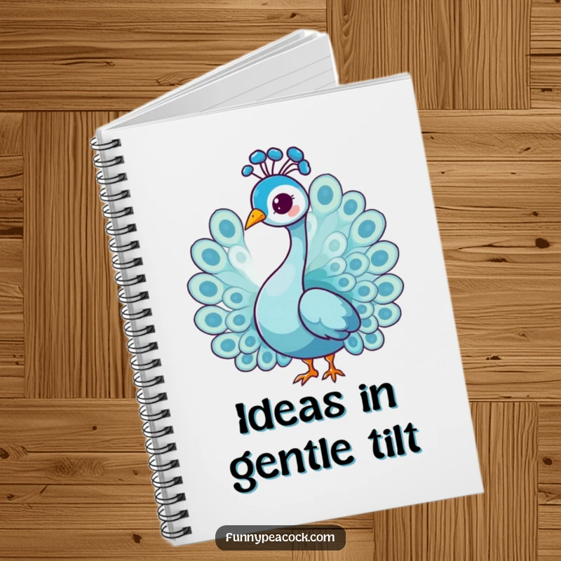 Funny graceful peacock character notebook, doing a gentle head tilt, an elegant design for note-taking, a thoughtful funny gift.