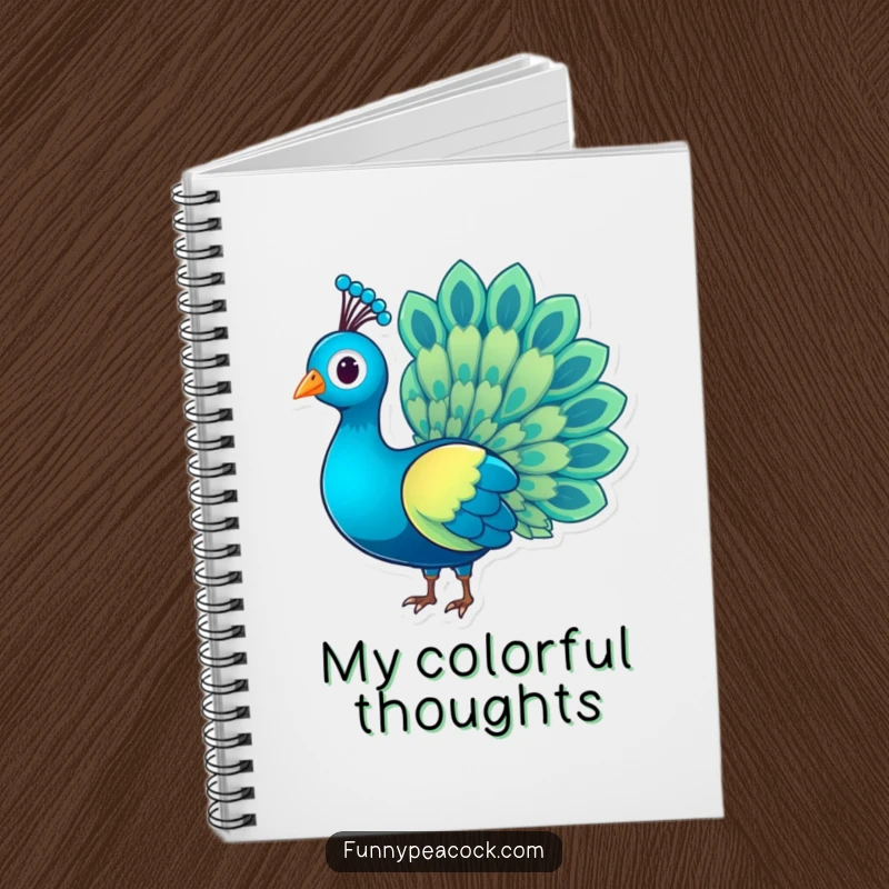 Funny charming peacock character notebook, its rainbow tail design, elegant for journaling and note-taking, a wonderful funny gift.