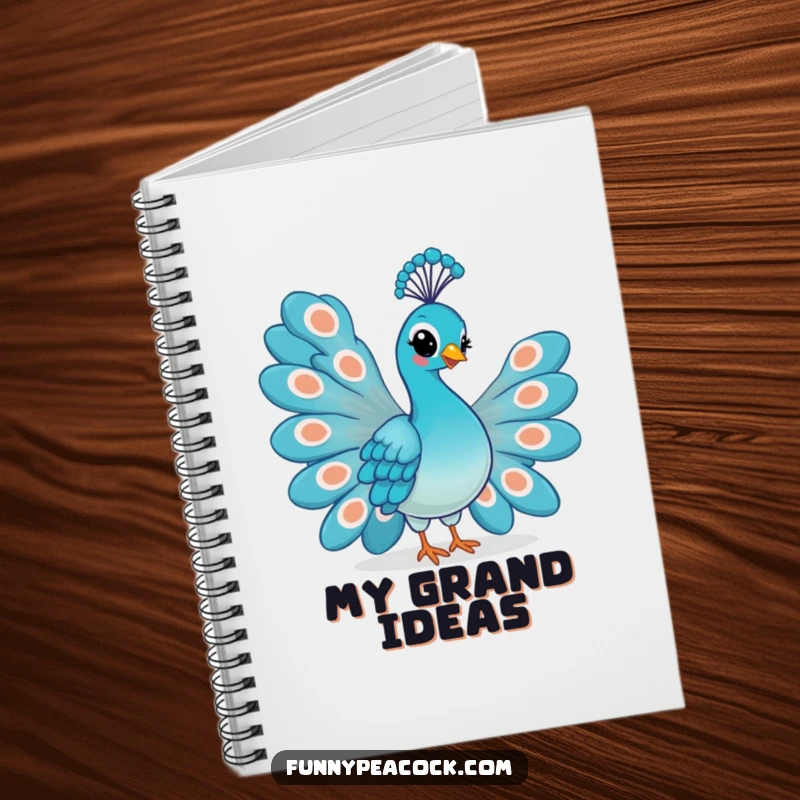 Funny Kawaii Peacock Notebook: A proud peacock with a smirking face and fanned tail feathers on a vibrant cover.