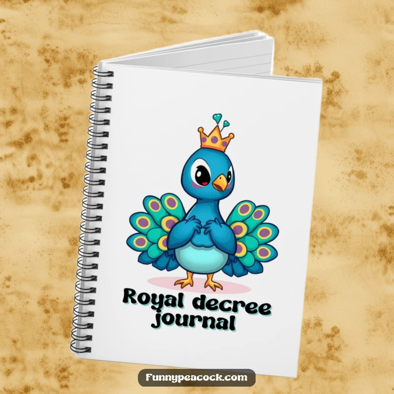 Funny crowned peacock notebook, posing regally with a crown, a humorous and practical tool for documenting important thoughts.