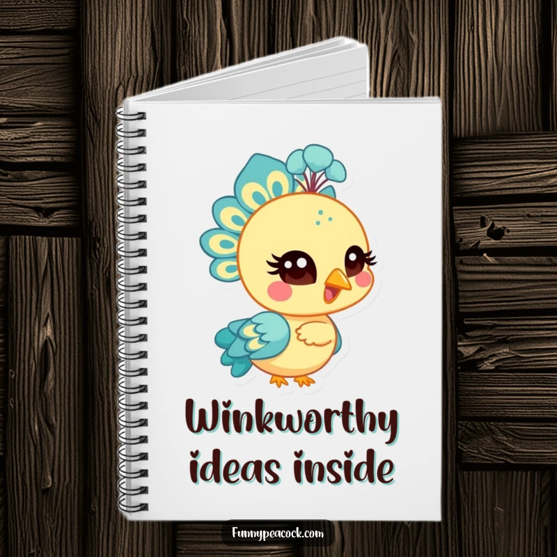 Funny bright peacock character notebook, winking with a stylized eye, a playful design for note-taking, a fun and funny gift.