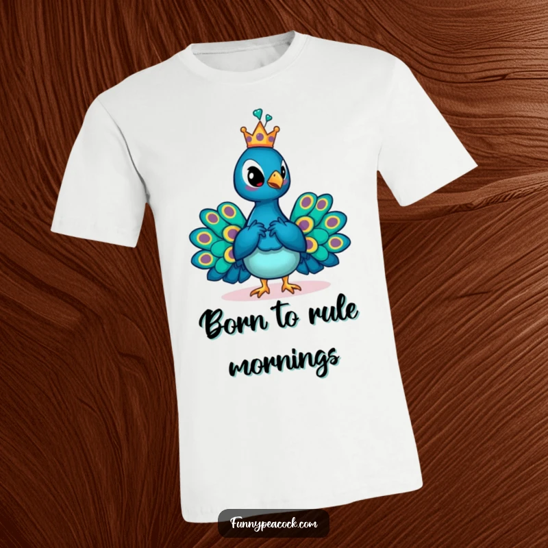 Funny crowned peacock t-shirt, posing regally with a small crown, displaying humorous pride and a noble avian presence.