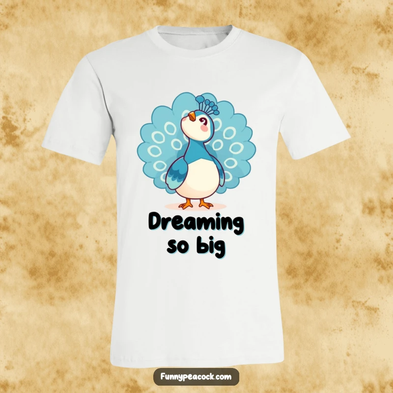 Funny Kawaii Peacock T-Shirt: A peacock gazing upwards at the sky with wonder and awe.