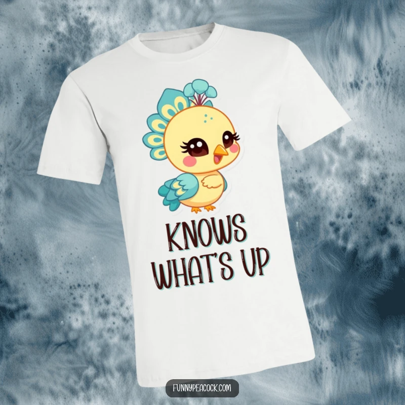 Funny bright peacock character t-shirt, winking with a stylized eye, playful and stylish, offering a fun and humorous look.