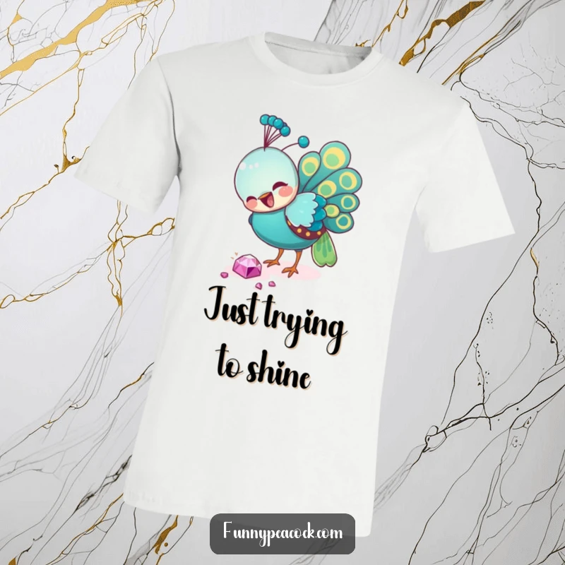 Funny peacock t-shirt, intensely focused on pecking a shimmering jewel on the ground, embodying a comical hunter of all things sparkly.