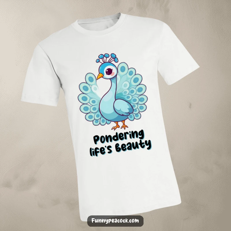 Funny graceful peacock character t-shirt, doing a gentle head tilt, elegant and thoughtful, offering a subtle humorous look.