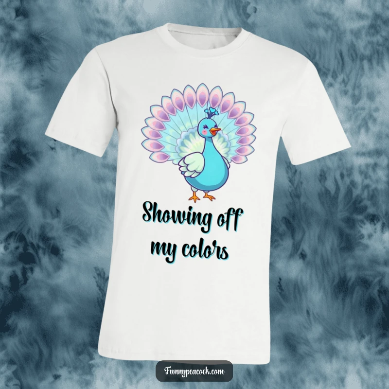 Funny kawaii peacock t-shirt, displaying a full, iridescent tail spread with joyful, cute expressions, perfect for bird lovers.
