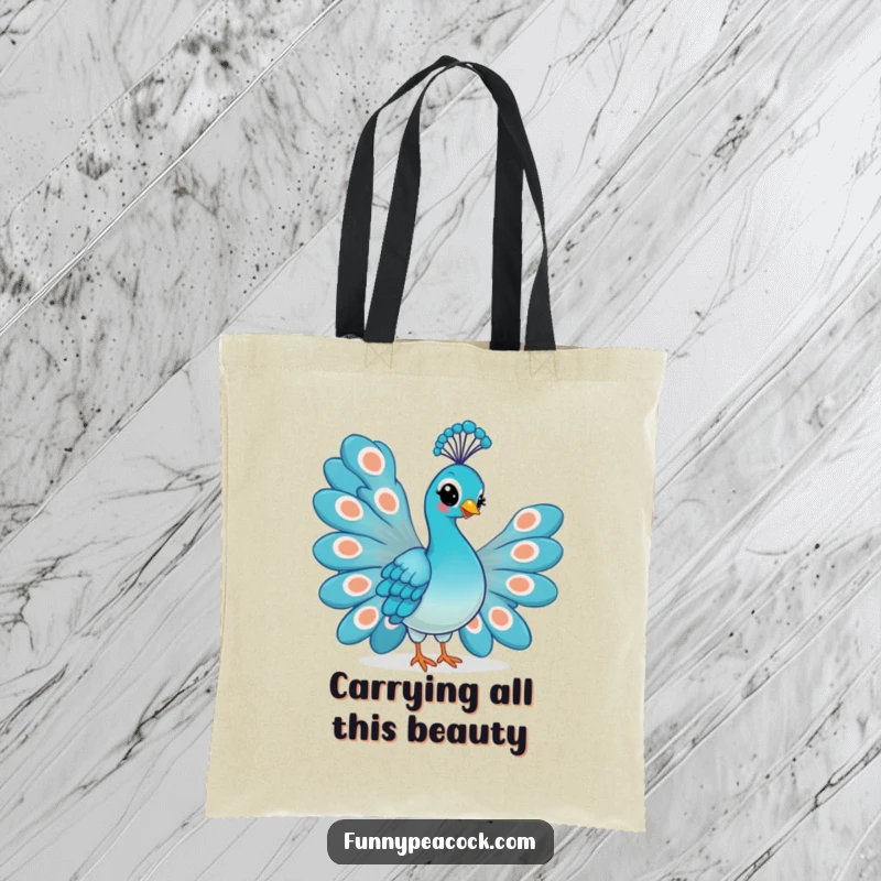 Funny Kawaii Peacock Tote Bag: A proud peacock displaying its fanned tail feathers with a mischievous smirk.