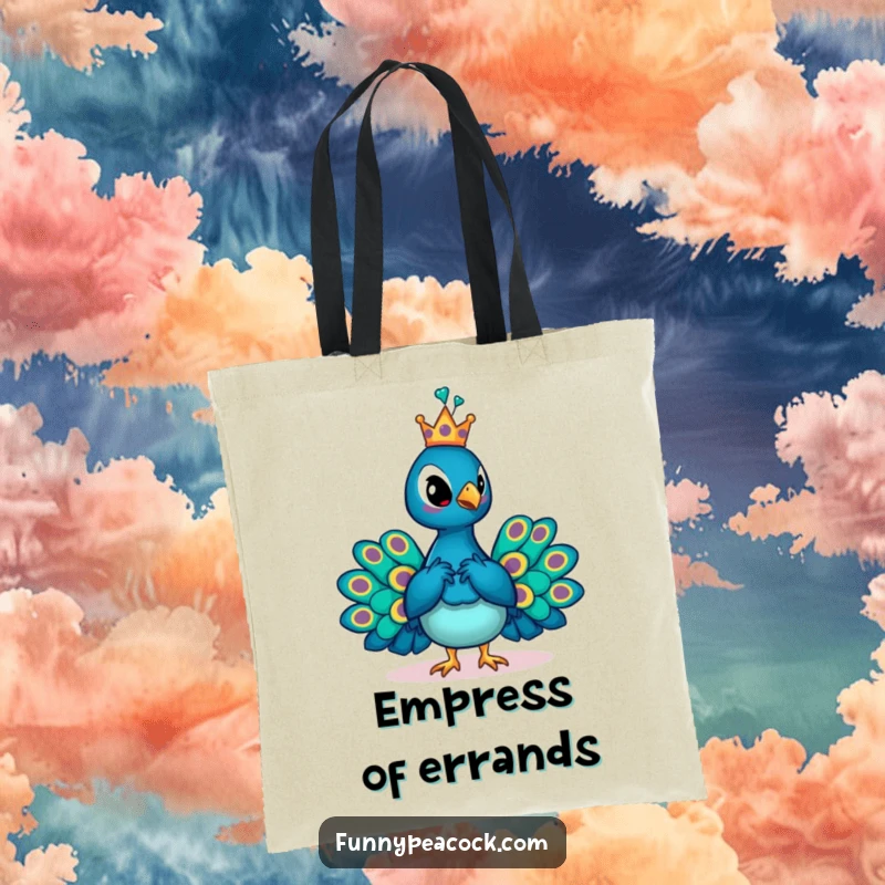 Funny crowned peacock tote bag, striking a regal pose with a tiny crown, a humorous accessory for carrying treasures.