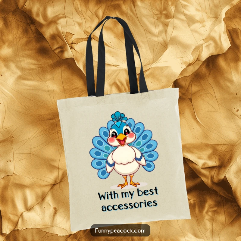 Funny peacock tote bag, depicted strutting proudly with a massive happy grin, a humorous and stylish everyday accessory.