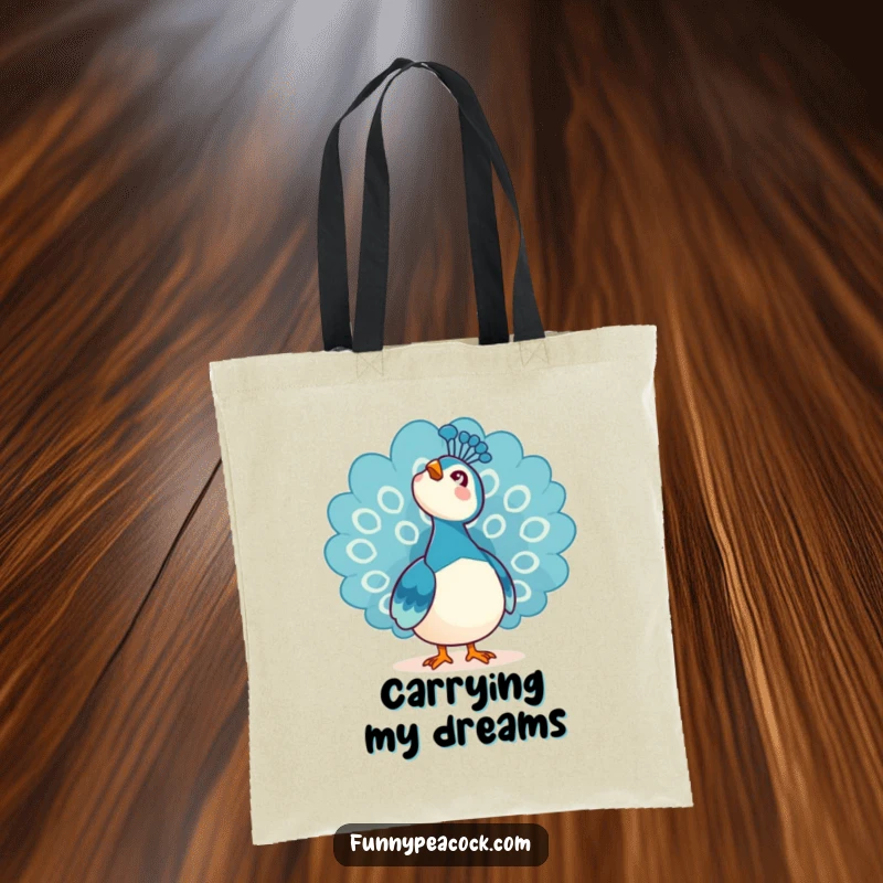 Funny Kawaii Peacock Tote Bag: Features a peacock looking up at the sky with an expression of awe.