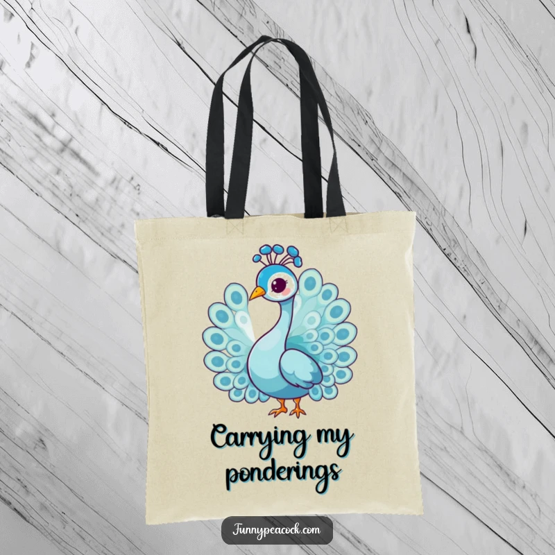 Funny graceful peacock character tote bag, doing a gentle head tilt, elegant and practical, a wonderful funny gift.