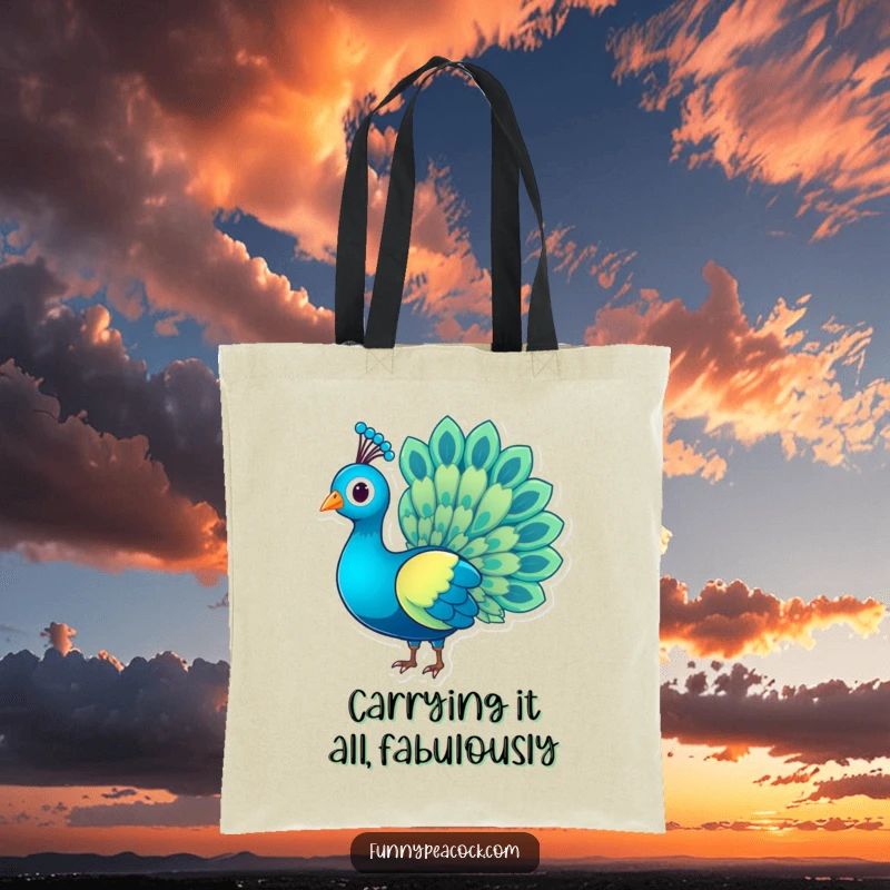 Funny charming peacock character tote bag, its rainbow tail unfurled, stylish and practical, a wonderful funny gift.