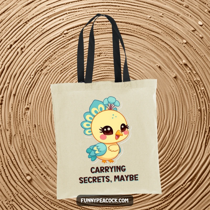 Funny bright peacock character tote bag, winking with a stylized eye, a playful and chic accessory, a great funny gift.
