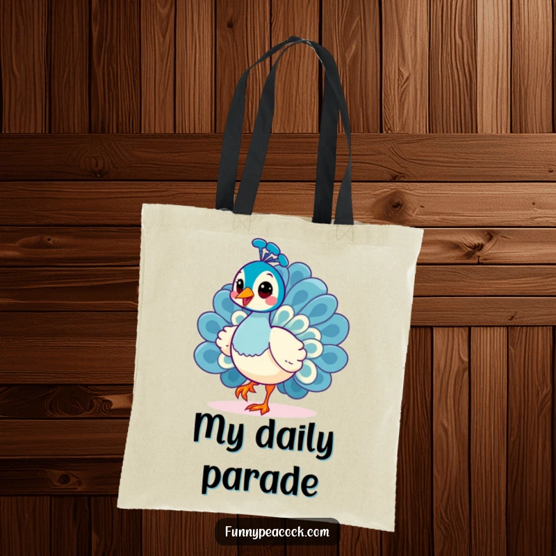 Funny Kawaii Peacock Tote Bag: Features a cheerful peacock strutting with a curious, tilted head.